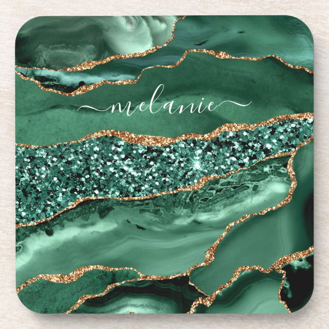 Agate Green Gold Glitter Geode Marble Custom Name Coaster (Front)