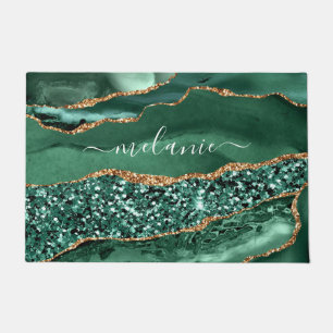 Agate Green Gold Glitter Geode Marble Custom Name Doormat