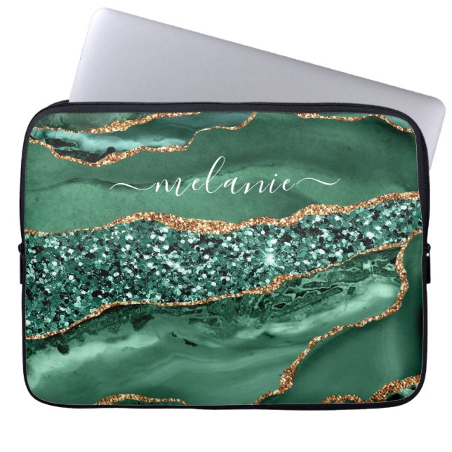Agate Green Gold Glitter Geode Marble Custom Name  Laptop Sleeve (Front)