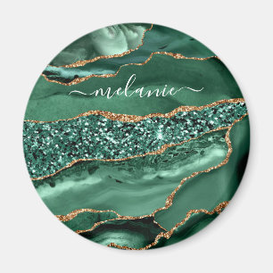 Agate Green Gold Glitter Geode Marble Custom Name Magnet