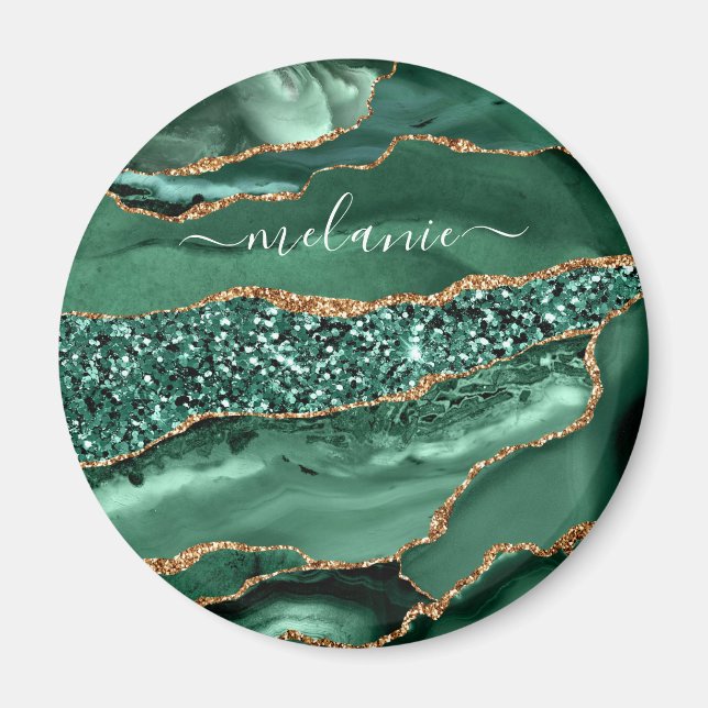 Agate Green Gold Glitter Geode Marble Custom Name Magnet (Front)