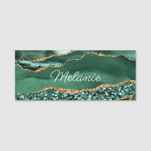 Agate Green Gold Glitter Geode Marble Custom Name  Name Tag