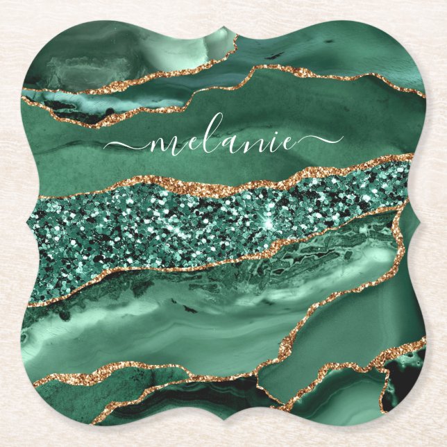 Agate Green Gold Glitter Geode Marble Custom Name Paper Coaster (Front)