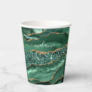 Agate Green Gold Glitter Geode Marble Custom Name Paper Cups