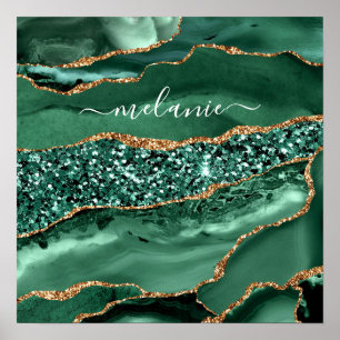 Agate Green Gold Glitter Geode Marble Custom Name Poster