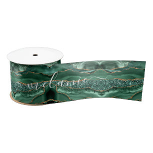 Agate Green Gold Glitter Geode Marble Custom Name Satin Ribbon