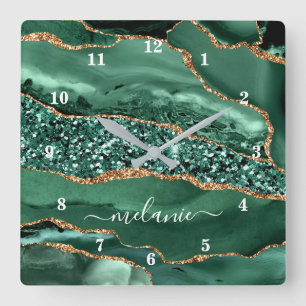 Agate Green Gold Glitter Geode Marble Custom Name Square Wall Clock