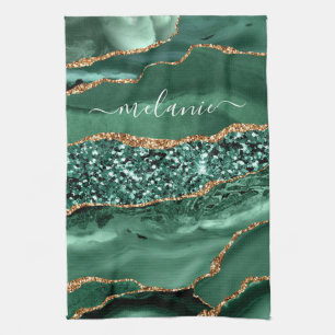 Agate Green Gold Glitter Geode Marble Custom Name Tea Towel