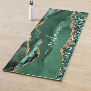 Agate Green Gold Glitter Geode Marble Custom Name Yoga Mat
