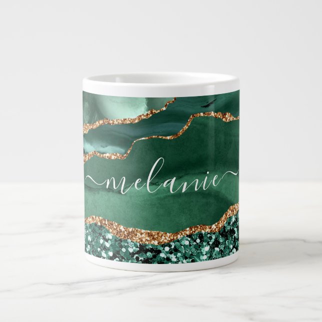Agate Green Gold Glitter Geode Marble Mug Name  (Front)