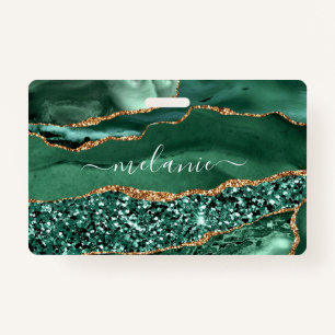 Agate Green Gold Glitter Geode Marble Name Badge ID Badge