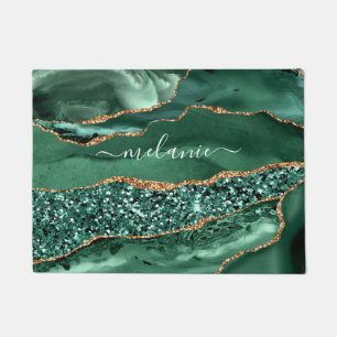 Agate Green Gold Glitter Geode Marble Your Name Doormat