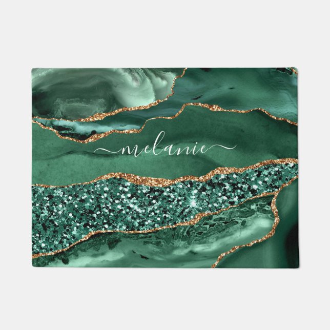 Agate Green Gold Glitter Geode Marble Your Name Doormat (Front)