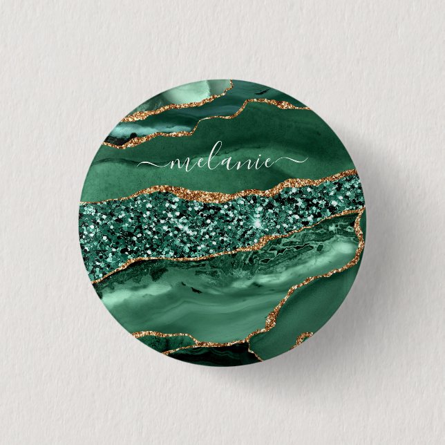 Agate Green Gold Glitter Marble Button Custom Name (Front)