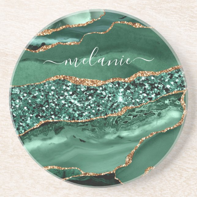 Agate Green Gold Glitter Marble Coaster Your Name  (Front)