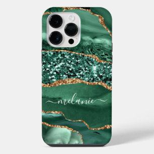 Agate Green Gold Glitter Marble Custom Name iPhone 14 Pro Max Case