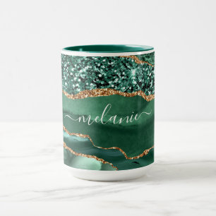 Agate Green Gold Glitter Marble Custom Name Mug