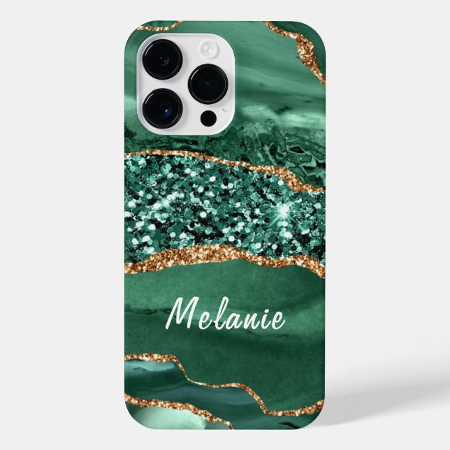 Agate Green Gold Glitter Marble Custom Your Name iPhone Case (Back)