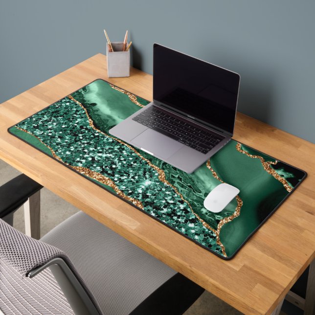 Agate Green Gold Glitter Marble Desk Mat (Office 2)