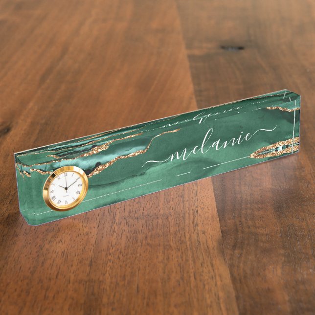 Agate Green Gold Glitter Marble Desk Name Plate (Side)