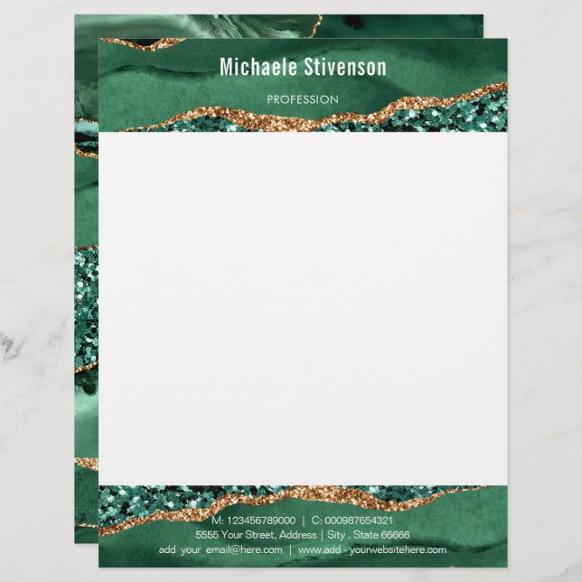Agate Green Gold Glitter Marble Modern Letterhead (Front/Back)