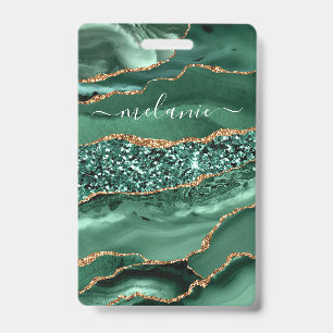Agate Green Gold Glitter Marble Your Name Badge ID Badge