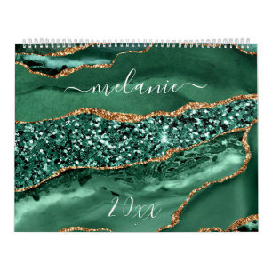 Agate Green Gold Glitter Marble Your Name Calendar