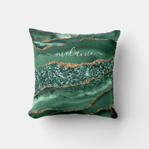 Agate Green Gold Glitter Marble Your Name Pillow
