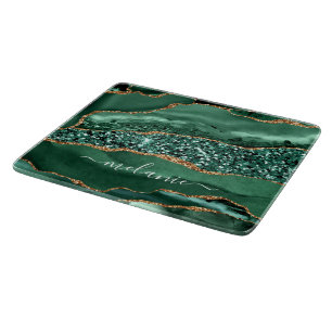 Agate Green Gold Marble Custom Name Cutting Board