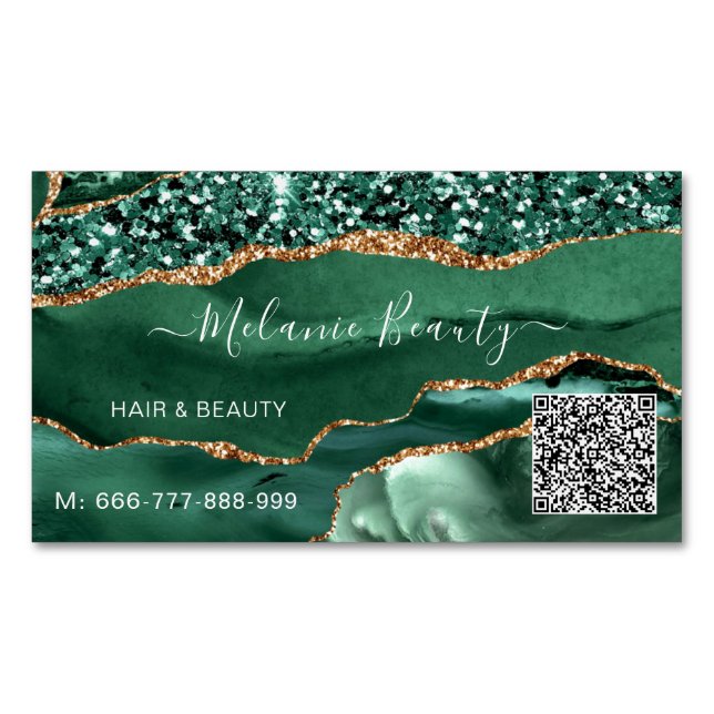 Agate Green Gold QR Code Business Card Magnet (Front)