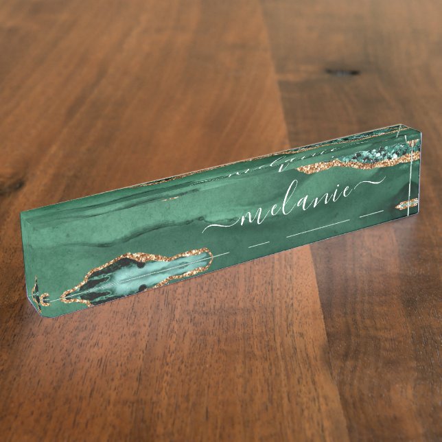 Agate Green Gold Sparkle Marble Desk Name Plate (Side)