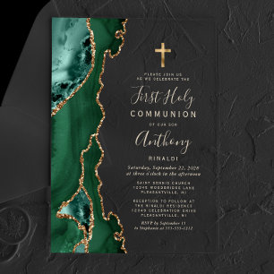 Agate Green Gold Text First Holy Communion Acrylic Invitations
