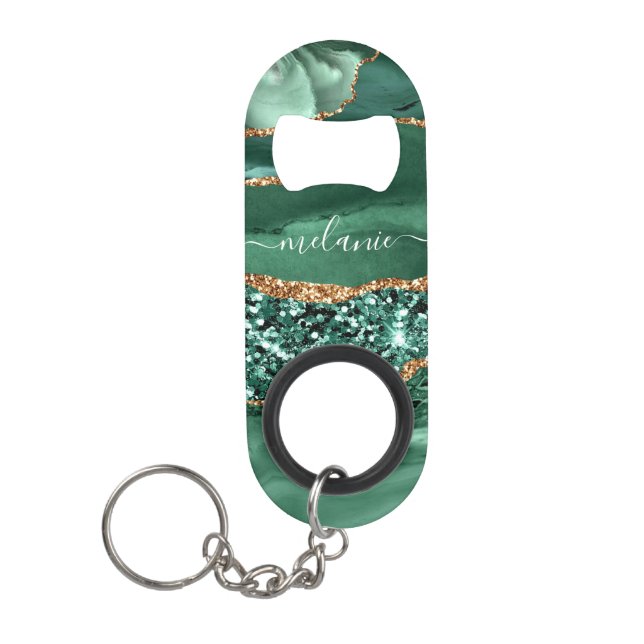 Agate Green Gold Your Name Keychain Bottle Opener (Front)