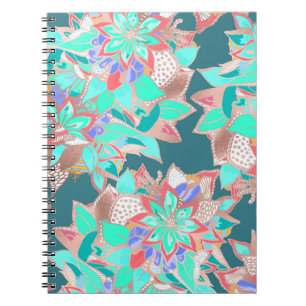 Agate green living coral teal rose gold floral notebook