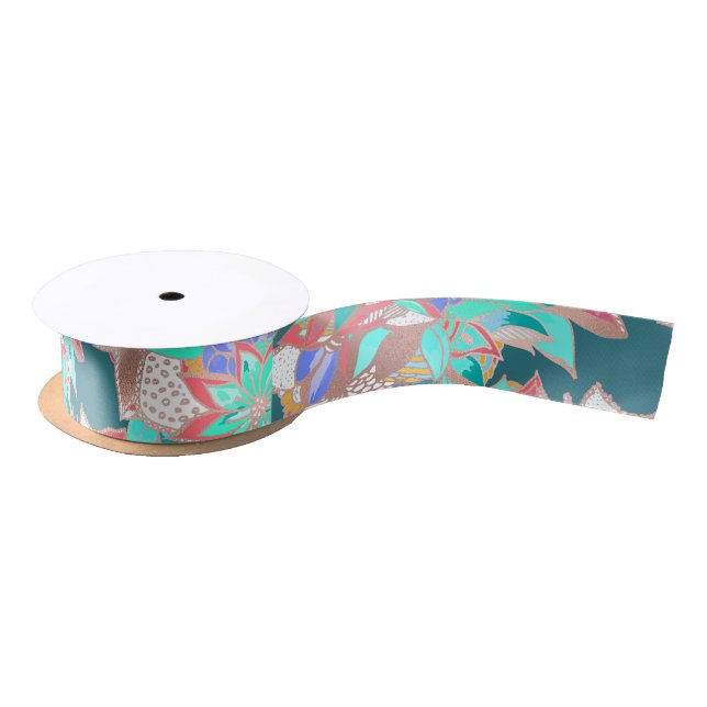 Agate green living coral teal rose gold floral satin ribbon (Spool)
