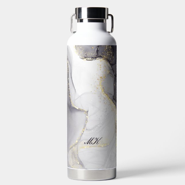 Agate Grey and Black Marble Custom Name Letter  Water Bottle (Front)