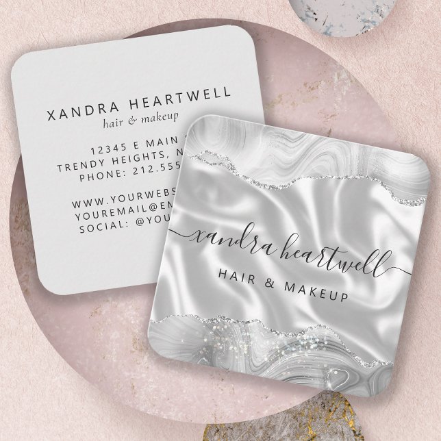 Agate Grey Silver Glitter Luxury Rounded Corners Square Business Card (Creator Uploaded)