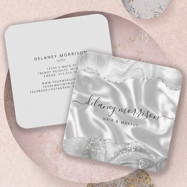 Agate Grey Silver Glitter Luxury Rounded Corners Square Business Card (Creator Uploaded)