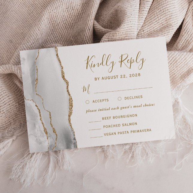 Agate Grey White Gold Meal Options Wedding RSVP Card (Creator Uploaded)