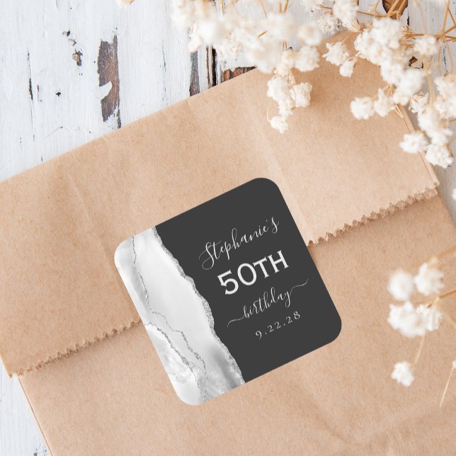 Agate Grey White Silver Dark 50th Birthday Square Sticker (Creator Uploaded)