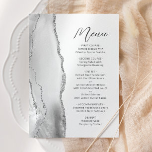 Agate Grey White Silver Modern Script Wedding Menu