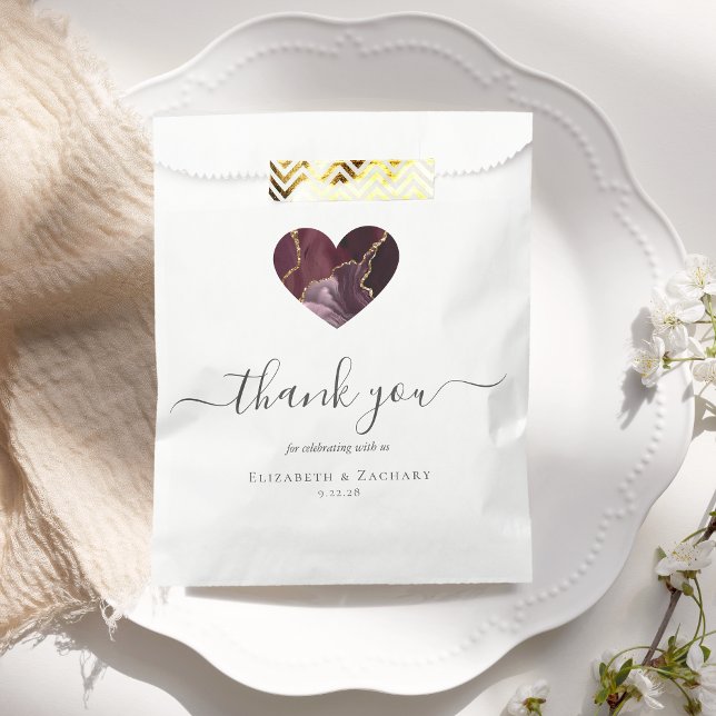 Agate Heart Script Thank You Burgundy Gold Wedding Favour Bag (Creator Uploaded)