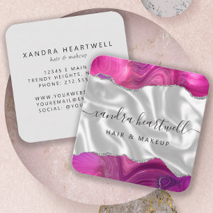 Agate Magenta Silver Glitter Silk Rounded Corners Square Business Card