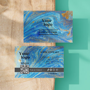 Agate Marble Blue Gold Glitter Instagram Qr Code  Business Card