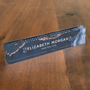 Agate Marble Blue Rose Gold Foil Modern Elegant Nameplate