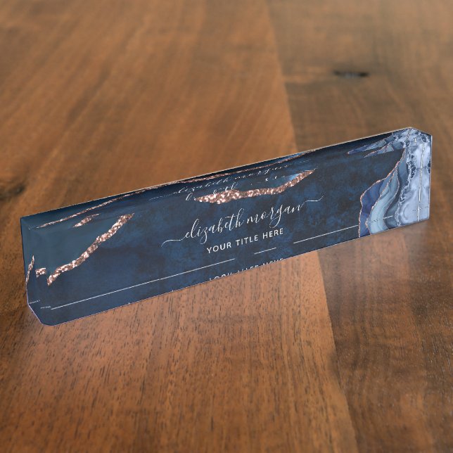 Agate Marble Blue Rose Gold Foil Signature Script Nameplate (Side)