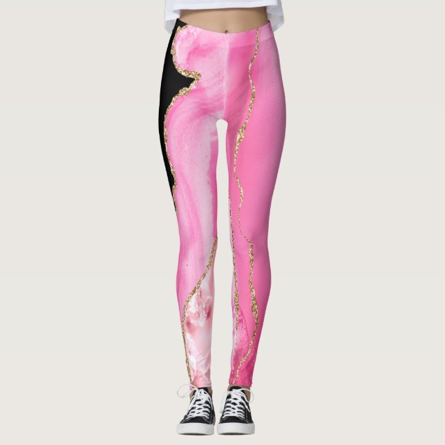 Agate Marble Glitter Pink Black Gold Leggings (Front)