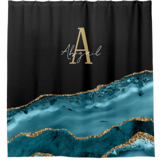Agate Marble Gold Teal Glitter Monogram Shower Curtain