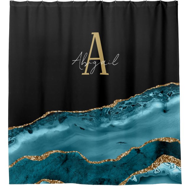 Agate Marble Gold Teal Glitter Monogram Shower Curtain (Front)