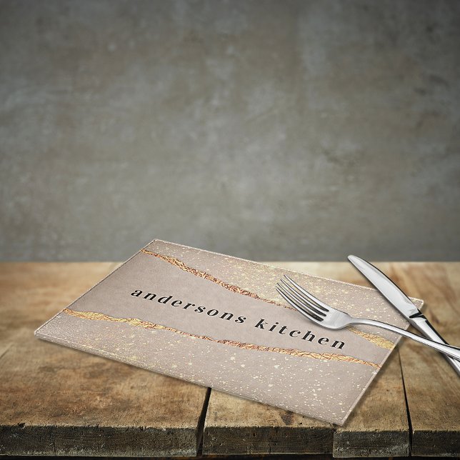 Agate marble stone glitter beige gold monogram cutting board (Creator Uploaded)